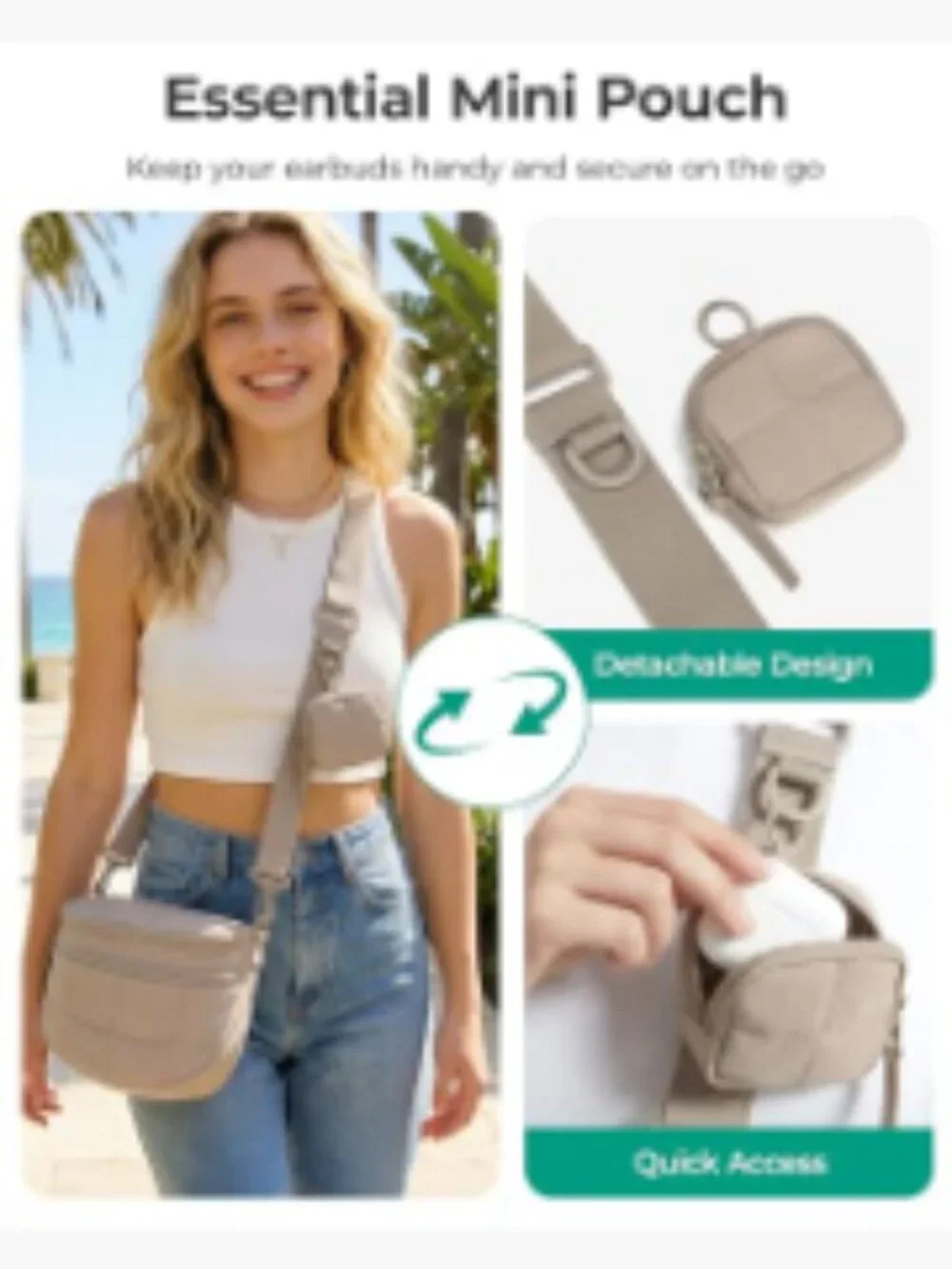 Quilted Nylon Crossbody Bag with Pouch, Adjustable Strap